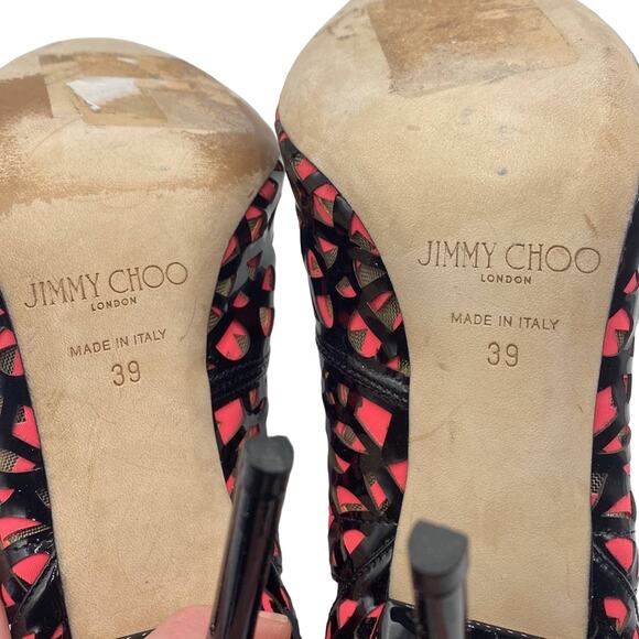 JIMMY CHOO TACTIC Laser Cut BLACK GERANIUM PATENT LEATHER PEEP-TOE PUMP Bootie - Picture 14 of 14